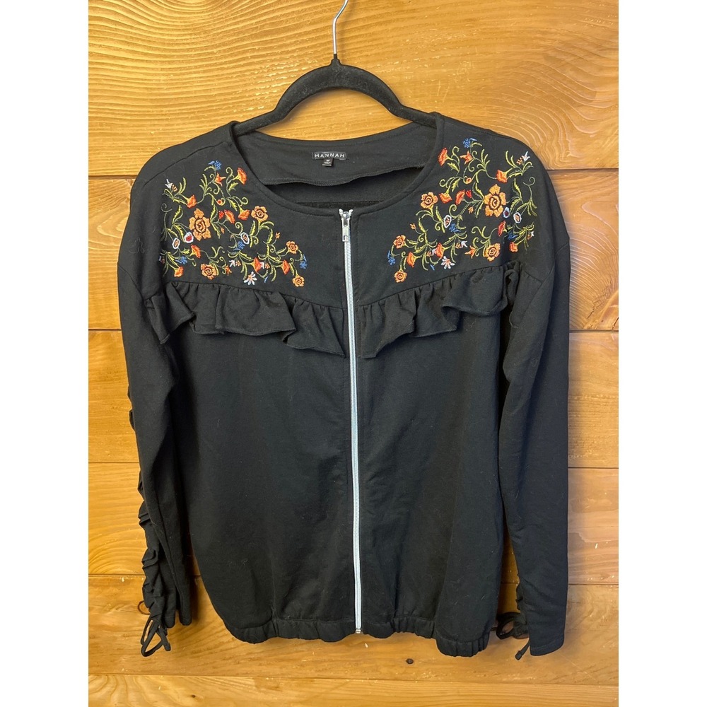 HANNAH Black Floral Embroidered Ruffle Zip Up Jacket Women's Medium Long sleeve